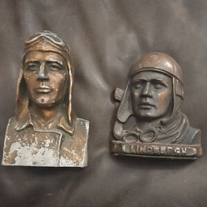 Vintage Lindberg Aviator Bust Set - Bronze Finish Bookend And Bank